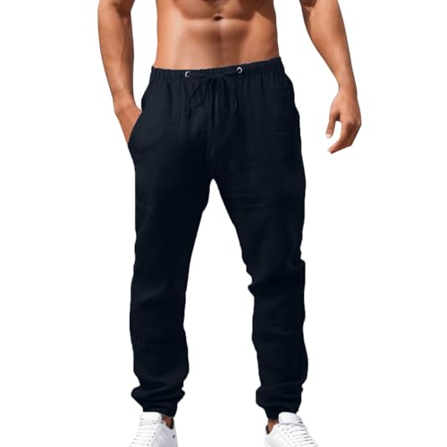 leichte sommerhose herren, Leinenhose Herren Leichte Leinenhosen Loose Fit Elastischer Bund Sommerhose Lang Sommer Freizeithose Mit Tunnelzug Und Taschen Stoffhose Stretch Einfarbig Strandhose von EQWIGKEIT