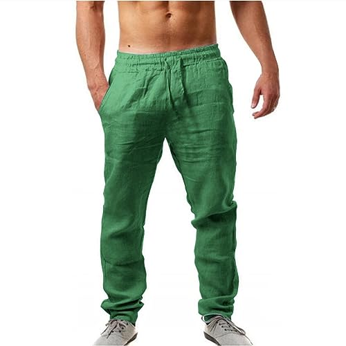 leinen hose herren, Leinenhose Herren Einfarbig Stoffhose Elastischer Bund Bequeme Leinenhosen Casual Sommer Strandhose Stretch Leichte Freizeithose Mit Tunnelzug Und Taschen Lang Sommerhose von EQWIGKEIT