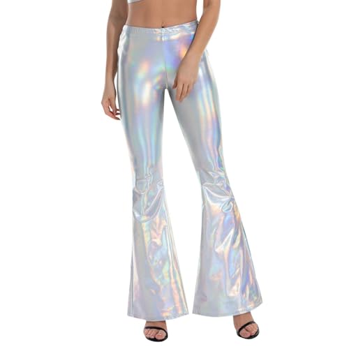 pailletten hose silber, Pailettenhose Damen Elastische Metallic Glänzend Lackhose Pailletten Glitzer Hose Lang Hip Hop Hosen Festlich Tanzhose Shiny Stretchy Schlaghosen 70er Vintage Karneval Kostüm von EQWIGKEIT