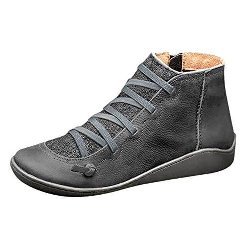 stiefeletten damen winter, Winter Stiefeletten Damen Rund Toe Flache Knöchelschuhe Westernstiefel Damen Leder Schuhe Schnürstiefeletten Reißverschluss Damenstiefel Bequeme Weiche Winterstiefel von EQWIGKEIT