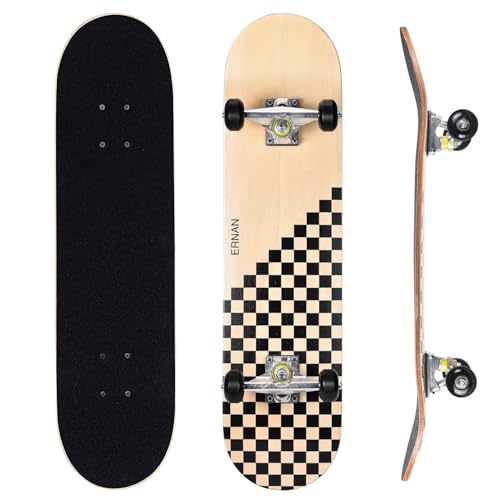 ERNAN Skateboard 31x8 Zoll Komplette Skateboard für Kinder Jugendliche Erwachsene, komplettes Standard-Skateboards, 7 Schichten Ahorn-Deck, konkaves Skateboard (Wooden Plaid) von ERNAN