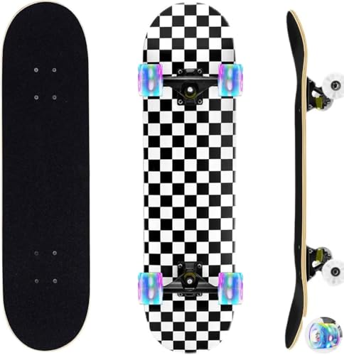 ERNAN Skateboard 31x8 Zoll Komplette für Kinder Jugendliche Erwachsene, komplettes Standard-Skateboards, 7 Schichten Ahorn-Deck, konkaves Skateboard (Black & White B) von ERNAN