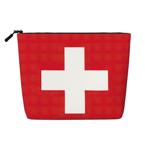 Kosmetiktasche mit Schweizer Flagge, Kunstleinen, großes Fassungsvermögen, perfekt für Reisen und den täglichen Gebrauch, Schwarz , Einheitsgröße von ERSDWRE