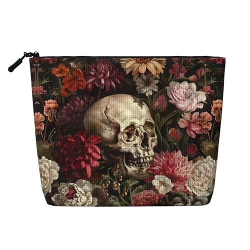 Kosmetiktasche mit Totenkopf-Motiv für Damen, Kunstleinen, großes Fassungsvermögen, perfekt für Reisen und den täglichen Gebrauch, Schwarz , Einheitsgröße von ERSDWRE