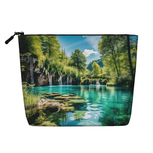 Plitvice Kosmetiktasche mit Nationalpark-Aufdruck für Damen, Kunstleder-Make-up-Tasche, großes Fassungsvermögen, perfekt für Reisen und den täglichen Gebrauch, Schwarz , Einheitsgröße von ERSDWRE