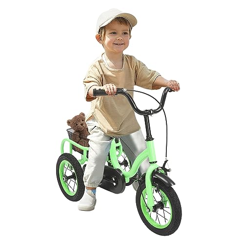 ERnonde 12 Zoll Dreiräder für Kinder, 3 Räder Kinderfahrrad Single Speed Dreirad Kinder Fahrräder Hellgrünes Trike Kinderfahrrad für Reisen, Sport oder Einkaufen Usw von ERnonde