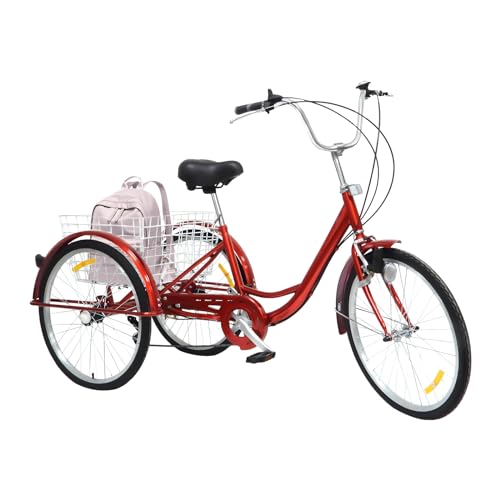 ERnonde Dreiräder, 24 Zoll Dreirad Erwachsene 6-Gang Dreirad mit Einkaufskorb für Erwachsene Männer, Frauen und ältere Menschen V Typ Vorderradbremse Rot von ERnonde