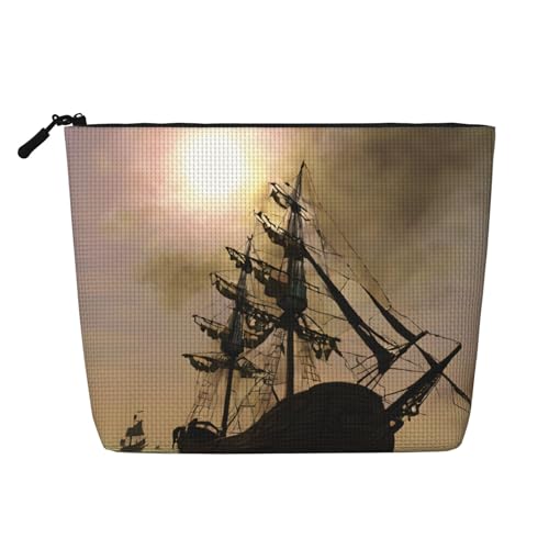 Coole Make-up-Tasche mit Piratenschiff, einlagig, leinenähnlich, leicht und niedlich, einfach zu verwenden, Schwarz , Einheitsgröße von ESASAM