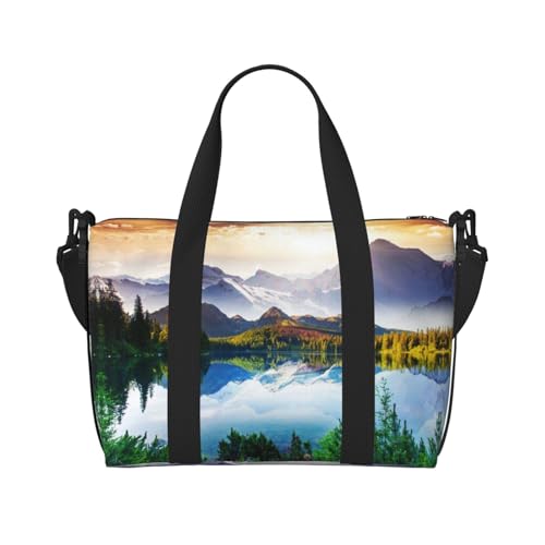 Handreisetasche mit Blick auf den Berg und See, Motiv: Sonnentag, Naturdruck, stilvolle Handreisetasche, Schwarz , Einheitsgröße von ESASAM