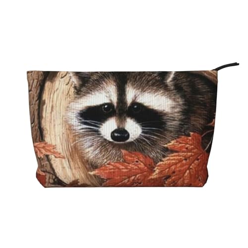 Make-up-Tasche aus Cord mit Waschbär im Herbstbaumloch mit stilvollem und langlebigem Reißverschluss-Design, Schwarz , Einheitsgröße von ESASAM