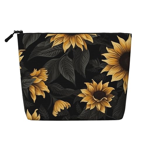 Make-up-Tasche mit Sonnenblumen-Motiv, einlagig, leinenähnlich, leicht und niedlich, einfach zu verwenden, Schwarz , Einheitsgröße von ESASAM