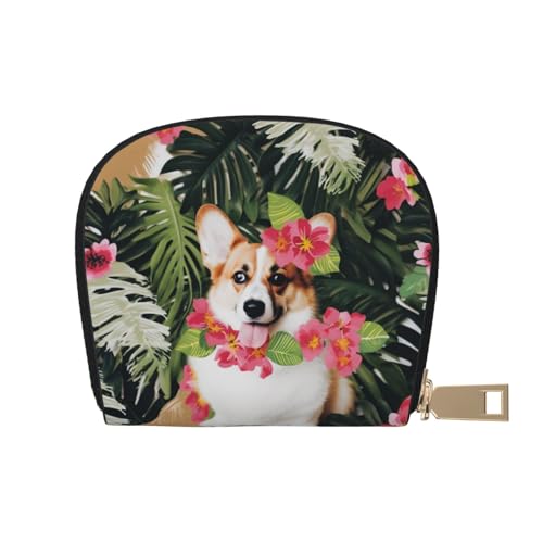 Tropische Blume und Corgi 2 Leder halbrunde Kartentasche, kompakt und praktisch, einfach zu verstauen, weiß, Einheitsgröße von ESASAM