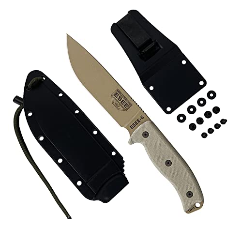 ESEE Unisex – Erwachsene, Outdoormesser | Klingenlänge: 14,6 cm, Griff: Leinen Micarta, Model 6 Tactical Dark Earth, Schwarz, Einheitsgröße von ESEE