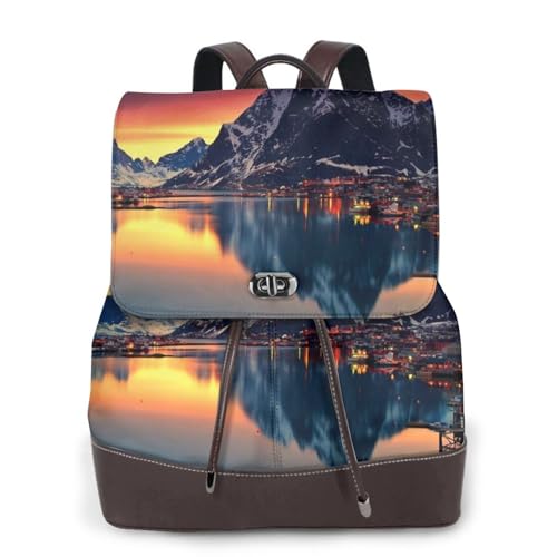 Damen-Rucksack mit Norwegeninsel-Druck, wasserdicht, Diebstahlschutz, leicht, PU-Leder, Nylon, Schultasche, Schultertasche, Reiserucksack, Schwarz , Einheitsgröße von ESNAIUVCD