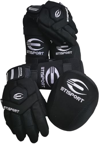 ETISPORT Schutzset, Handschuhe, Knieschützer, Schienbeinschützer für Rollhockey für Kinder Starter. Professionelle Qualität; hoher Komfort und Schutz. (Schwarz, XS) von ETISPORT