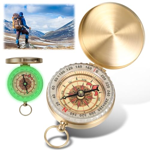 EUIOOVM Outdoor Kompass, Goldene Kompass Klassischer, Retro Fluoreszierender Kompass, Tragbarer Wasserdichter Orientierungskompass, Messing Taschenuhr, Marschkompass für Camping Wandern von EUIOOVM