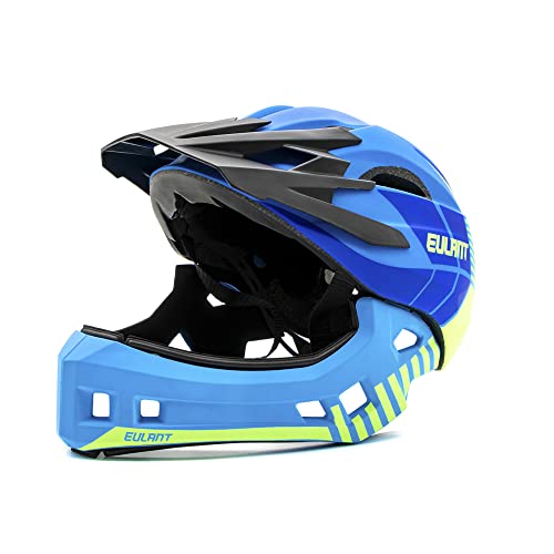 EULANT Fahrradhelm mit Kinnschutz Jugendliche,Kinder Fullface Helm BMX helme Jungen Downhill Helm Mädchen MTB Integralhelm Con EIN-Knopf-Entfernen Kinnschutz & Hinterer Einsteller,Blau M von EULANT