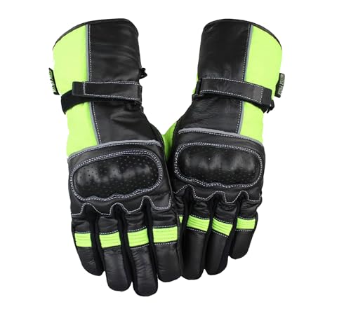 EURO STARS Motorradhandschuhe Winterhandschuhe Robustes Leder-Polyester 100% Wasserdicht & Winddicht Biker Touring Gloves (Neon - Grün, L) von EURO STARS