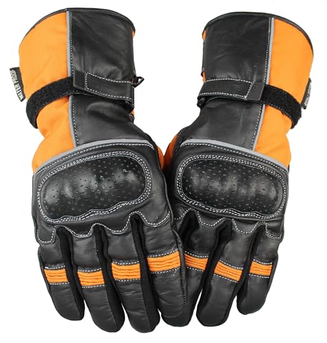 EURO STARS Motorradhandschuhe Winterhandschuhe Robustes Leder-Polyester 100% Wasserdicht & Winddicht Biker Touring Gloves (Orange, L) von EURO STARS