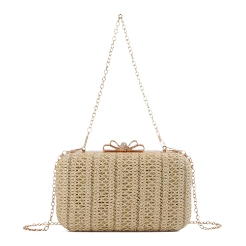 EVEOUT Clutches aus Stroh für Damen, geflochten, mit Kette, Sommer, Handtasche aus Stroh, für Hochzeit, Strand, Urlaub, Beige mit Schleife von EVEOUT