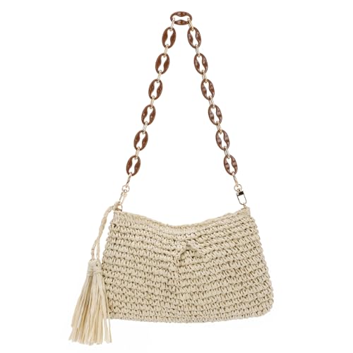 EVEOUT Damen Raffia Schultertasche Sommer Boho Strohtasche mit Acryl Schulterkette für Alltag Strand Urlaub Gewebte Tote Tasche EVEOUT Damen Raffia Schultertasche Sommer Boho Strohtasche mit Acryl Schulterkette für Alltag Strand Urlaub Gewebte Tote Tasche von EVEOUT