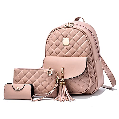 EVEOUT Damen Rucksack PU Leder Lässiger Tagesrucksack zum Reisen Schule Arbeit Schultertasche Rucksack Set Rosa von EVEOUT