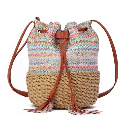 EVEOUT Damen Stroh Eimertasche Umhängetasche Sommer Kordelzug Körbchen Strand Schultertaschen Gewebte Handtasche für Urlaub EVEOUT Damen Stroh Eimertasche Umhängetasche Sommer Kordelzug Körbchen Strand Schultertaschen Gewebte Handtasche für Urlaub von EVEOUT