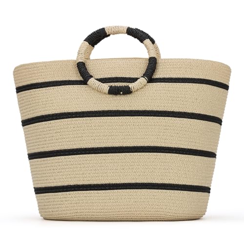 EVEOUT Gestreifte Henkeltaschen aus Stroh für Damen Sommer Boho Strohkorb Tasche Gewebte Tragetasche Strohhandtasche Groß Strohstrandtasche Shopper EVEOUT Gestreifte Henkeltaschen aus Stroh für Damen Sommer Boho Strohkorb Tasche Gewebte Tragetasche Strohhandtasche Groß Strohstrandtasche Shopper von EVEOUT