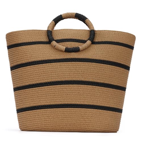 EVEOUT Gestreifte Henkeltaschen aus Stroh für Damen Sommer Boho Strohkorb Tasche Gewebte Tragetasche Strohhandtasche Groß Strohstrandtasche Shopper EVEOUT Gestreifte Henkeltaschen aus Stroh für Damen Sommer Boho Strohkorb Tasche Gewebte Tragetasche Strohhandtasche Groß Strohstrandtasche Shopper von EVEOUT