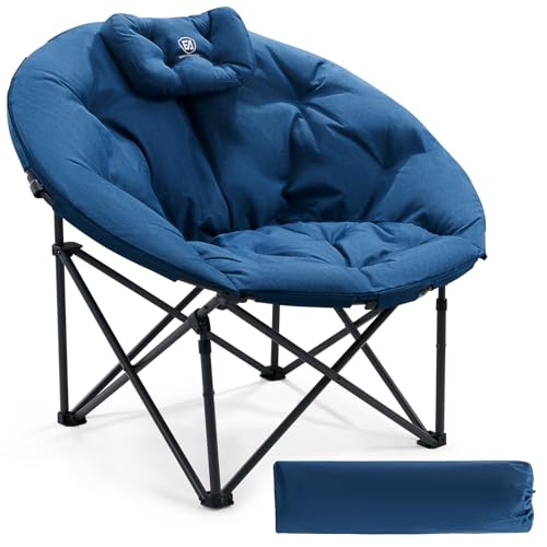 EVER ADVANCED Luxus Campingstuhl Faltbar Moonchair Übergroß 150KG Rund Klappstuhl Dick Gepolstert, Übergroßer Faltsessel Hohe Rückenlehne mit Kissen, Extra Breit für Outdoor Garten Balkon Indoor, Blau von EVER ADVANCED