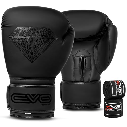 Evo Maya Hide Gel-Boxhandschuhe aus Leder für MMA, Boxsack, Sparring, Muay Thai, Kickboxen, Kampftraining, Handschuhe mit gratis Boxbandagen (Black Diamond Matt, 400 g) von EVO Fitness