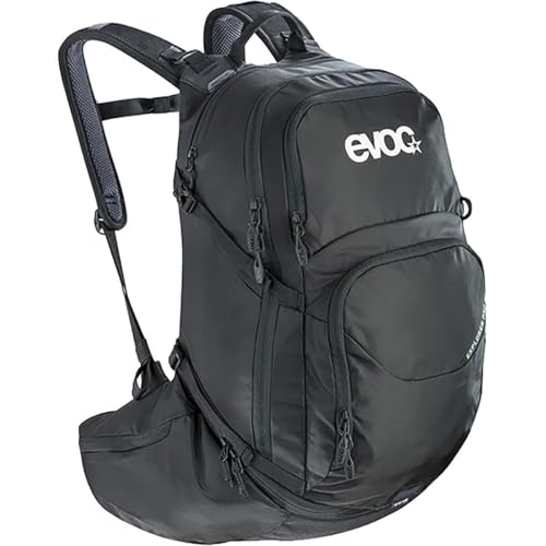 EVOC EXPLORER PRO 30, Rucksack (BODY HUGGING Passform, AIR FLOW CONTACT SYSTEM, AIRO FLEX Hüftgurt, inkl. Werkzeugfach, Trinkblasenfach für Trinkblasen bis 3l und Regenhülle, One Size), Schwarz von EVOC