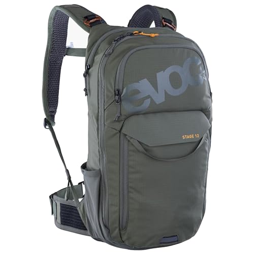 EVOC STAGE 12, Backpack (verstellbare Schultergurte durch BRACE LINK, AIR FLOW CONTACT SYSTEM, inkl. Trinkblasenfach, Werkzeugfach und Komprimierungsgurte, One Size), Dark Olive von EVOC