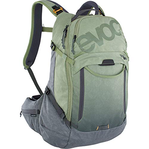 EVOC TRAIL PRO 26l Protektor Rucksack für Fahrradtouren, Backpack (LITESHIELD PLUS Rückenprotektor, leichter Fahrradrucksack, breite Hüftflossen, 3l Trinkblasenfach, Größe: S/M), Olive/Carbon Grau von EVOC