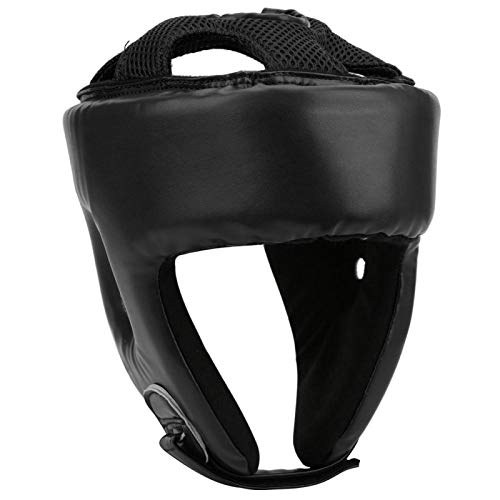 EVTSCAN Boxen Kopfbedeckungen Boxhelm PU Leder Verstellbarer Kopfschutz Sanda Kickboxen Training Defense MMA Kopfbedeckungen(S-Schwarz) von EVTSCAN