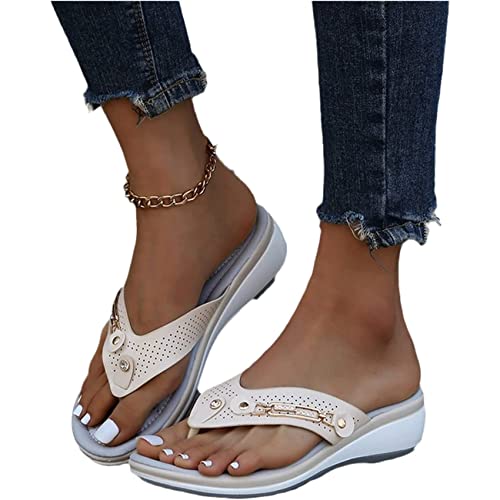 EXECAB Damen Orthopädische Zehentrenner Sandalen Damen Strass Flip-Flops Sommer PU-Leder Clip -Toe Pantoffeln Gummi Plateau Slippers Freizeit Strandschuhe,Beige,37 von EXECAB