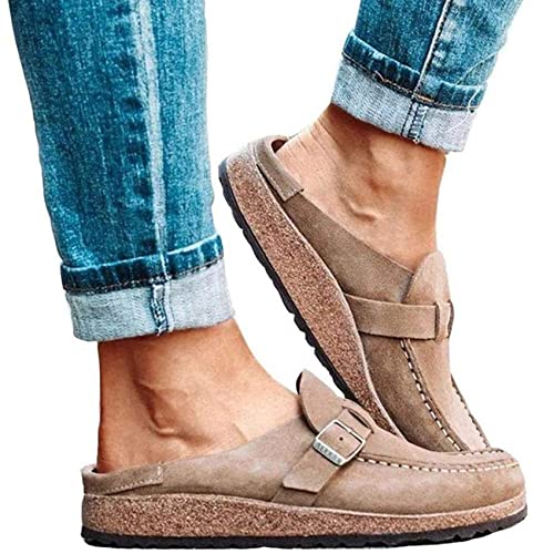 EXECAB Sandalen für Damen Sommer Clogs Wildleder Flache Hausschuhe Geschlossene Zehen Wanderschuhe Damen Bootsschuhe Lässig Flache Fußgewölbe Keilschuhe,Khaki,38 von EXECAB