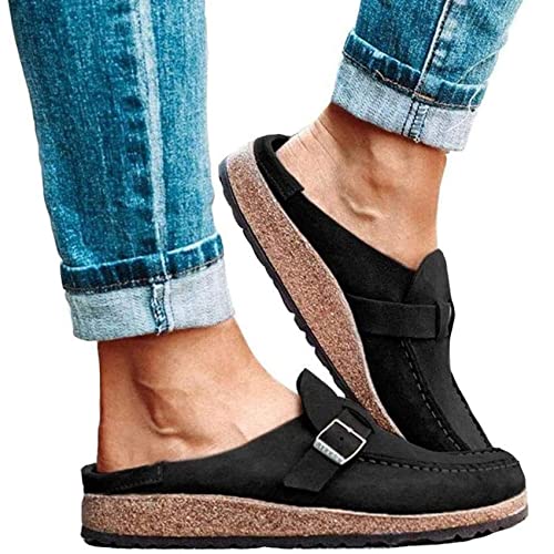 EXECAB Sandalen für Damen Sommer Clogs Wildleder Flache Hausschuhe Geschlossene Zehen Wanderschuhe Damen Bootsschuhe Lässig Flache Fußgewölbe Keilschuhe,Schwarz,38 von EXECAB