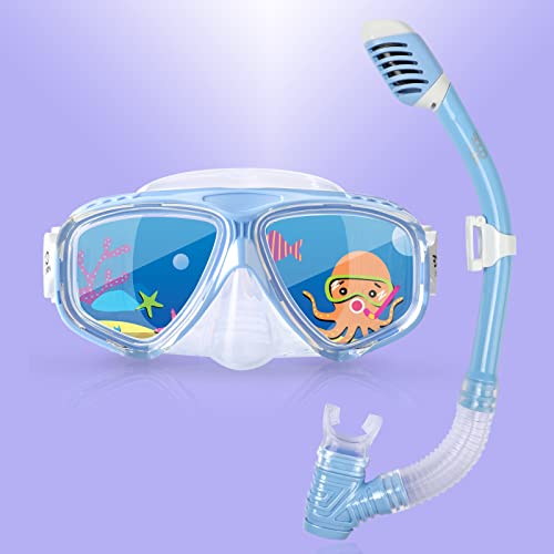 Schnorchel-Tauchmaske für Kinder, Unisex-Kind, 180 ° Panoramasicht, Anti-Fog-Tauchmaske für Jungen, Mädchen, Schwimmbrille mit Nasenabdeckung, Schnorchelausrüstung für Junior (Blaue Satz) von EXP VISION