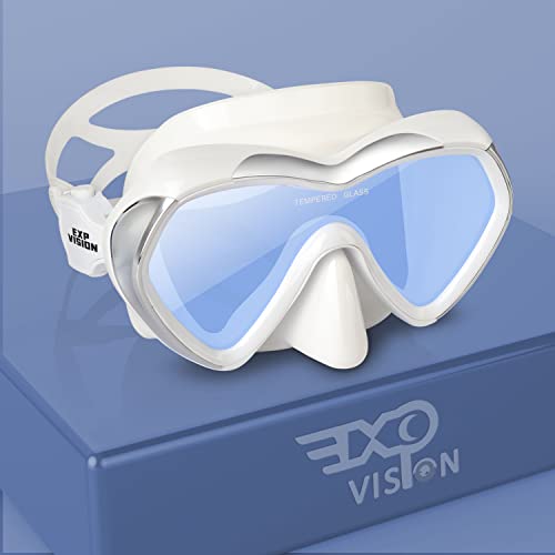 Tauchmaske Panorama HD Schnorchelbrille, Anti-Fog Schwimmbrille Erwachsene Jugend Tauchmaske Schwimmbrille mit Nasenschutz für Tauchen, Schnorcheln, Schwimmen (Weißer Rahmen - Blaue Linse) von EXP VISION