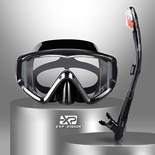 Trockenschnorchel-Set, Pano 3-Fenster-Schnorchelmaske, Anti-Fog-Taucherbrille und Schnorchel, professionelle Schnorchelausrüstung für Erwachsene (A-Schwarz) von EXP VISION