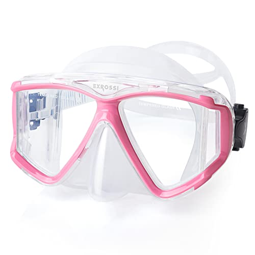 Dry Top Snorkel Mask Set, Anti Fog Tempered Glasses Tauchmaske Goggles mit Schnorchel, Professional Pano 4 Windows Adult Snorkeling Gear for Swimming Diving Scuba (Pink) von EXROSSI