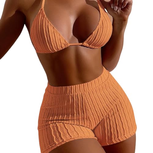 EZCOMF Bikini Damen Set Badeanzug Split Solid Color Bikini Badeanzug Für Frauen-orange-l von EZCOMF