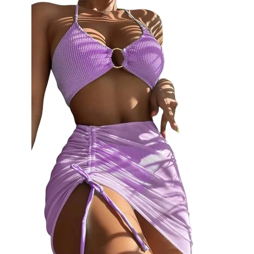 EZCOMF Bikini Damen Set Elastischer Bikini-Set Für Sommer Dreiteilige Feste Farbschnüre-Frauen Badeanzug Strandanzug Badeanzug Badebekleidung-a-m von EZCOMF