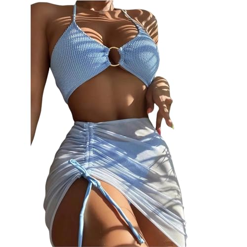 EZCOMF Bikini Damen Set Elastischer Bikini-Set Für Sommer Dreiteilige Feste Farbschnüre-Frauen Badeanzug Strandanzug Badeanzug Badebekleidung-blau-s von EZCOMF