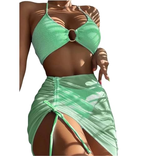 EZCOMF Bikini Damen Set Elastischer Bikini-Set Für Sommer Dreiteilige Feste Farbschnüre-Frauen Badeanzug Strandanzug Badeanzug Badebekleidung-grün-l von EZCOMF