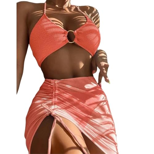 EZCOMF Bikini Damen Set Elastischer Bikini-Set Für Sommer Dreiteilige Feste Farbschnüre-Frauen Badeanzug Strandanzug Badeanzug Badebekleidung-orange-l von EZCOMF
