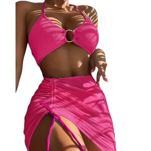 EZCOMF Bikini Damen Set Elastischer Bikini-Set Für Sommer Dreiteilige Feste Farbschnüre-Frauen Badeanzug Strandanzug Badeanzug Badebekleidung-rosenrot-XL von EZCOMF
