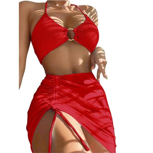 EZCOMF Bikini Damen Set Elastischer Bikini-Set Für Sommer Dreiteilige Feste Farbschnüre-Frauen Badeanzug Strandanzug Badeanzug Badebekleidung-rot-s von EZCOMF