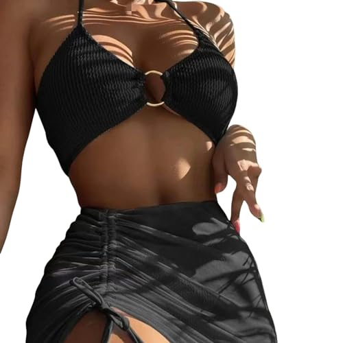 EZCOMF Bikini Damen Set Elastischer Bikini-Set Für Sommer Dreiteilige Feste Farbschnüre-Frauen Badeanzug Strandanzug Badeanzug Badebekleidung-schwarz-m von EZCOMF